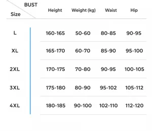 Men's disposable underwear size chart detail image showing height weight waist and hip data.