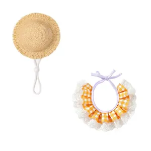 Cute pet straw hat and orange plaid lace collar set for small dogs and cats summer wear.