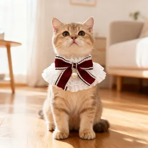 Close-up detail of a cute pet cat wearing a delicate French lace bib with burgundy bow.