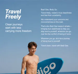 Outdoor beach travel scene detail showing male model with blue surfboard for disposable underwear.