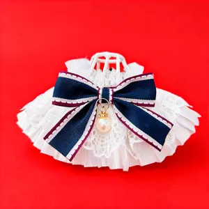 French style lace pet bib collar with cute bow and pearl pendant for cats and dogs daily wear.