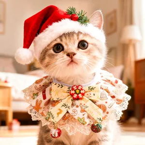 Cute Christmas cat collar with Santa hat, bow and lace bib for holiday pet dress up.