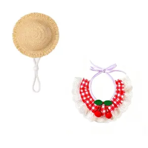 Cute pet straw hat and red checkered lace cherry bib set, summer small dog cat accessories