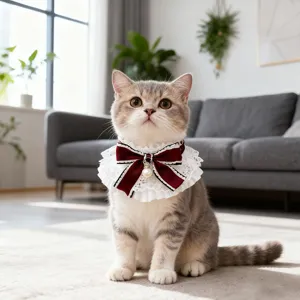 Exquisite lace pet collar featuring a deep red bow and pearl bell detail for stylish cats.