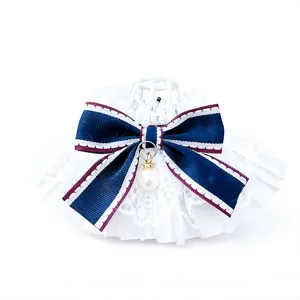 French lace pet bib collar with navy bow and pearl pendant detail for cats and dogs