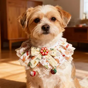 Christmas pet bib collar with lace bow and bell, cute dog decorative scarf for holiday.