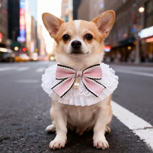 Cute pet lace bib detail show elegant pink bow and beautiful pearl decoration for lovely pets.
