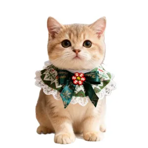 Christmas cat collar bib with green bow and lace trim, festive pet costume accessory.