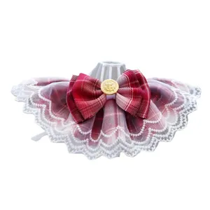 Babero para mascota de cuadros JK con encaje blanco y lazo, collar bonito para gatos y perros.