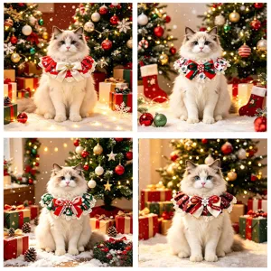 Collier de chat de Noël avec nœud papillon et dentelle, bavoir festif pour animal de compagnie.