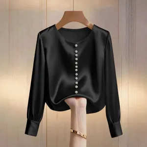 Donna tinta unita con perline girocollo manica lunga camicetta elegante top casual