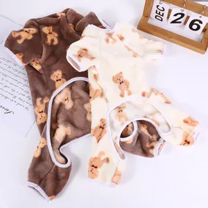 Cute bear print fleece pet pajamas, soft warm four-legged dog clothes for autumn and winter.
