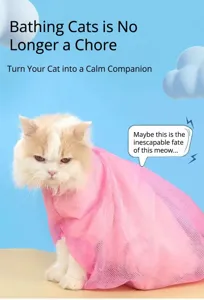 Cat bathing mesh bag detail showing breathable pink fabric design for safe grooming and washing.