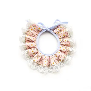 Cute floral pet bib with white lace trim, princess style cat and dog decorative collar.