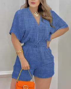 Mono mujer azul cuello V manga corta cordón verano romper casual ropa de moda