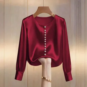 Elegante camicetta tinta unita a maniche lunghe con splendidi bottoni di perle per donna.