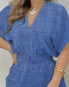Mujer verano manga corta cuello V cordon ajustable cintura azul mono detalle moda
