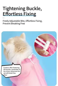 Cat grooming bag for bathing and nail trimming, breathable mesh design with secure cord lock.