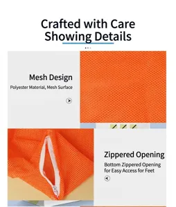 Cat washing bag with mesh design and zipper opening for easy pet grooming and bathing.