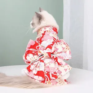 Stile Giapponese Animale Domestico Gatto Cane Kimono Vestito Inverno Caldo Hanfu Gonna Carino Fiocco Abbigliamento per Animali Piccoli Cani Gatti Uso Quotidiano