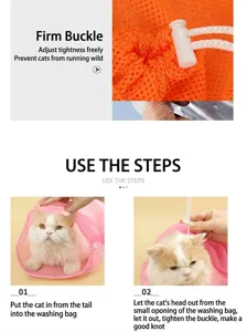Detail view of mesh cat washing bag with adjustable drawstring and secure buckle for grooming.