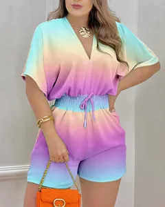 Verano mujer casual manga corta cuello V cordón degradado color corto mameluco outfit.