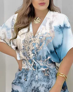 Verano mujeres manga corta cuello V mono cordón azul estampado abstracto casual.