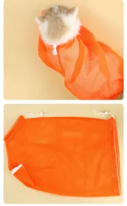 Orange mesh cat bathing bag with drawstring and zipper, perfect for grooming and nail clipping.