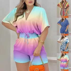 Mujer Casual Manga Corta Cuello en V Cordón Degradado Estampado Peto Verano Moda Suelto Romper Streetwear