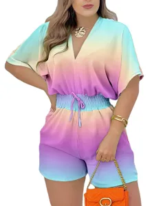 Mujer mono escote en V manga corta cordón degradado verano moda casual playsuit