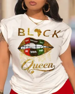 Γυναικείο λευκό κονtομάνικο t-shirt με chic black queen lip γραφική στάμπα casual top