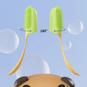 Silicone pet toothbrush with 180 degree rotation long handle for cat and dog teeth cleaning.