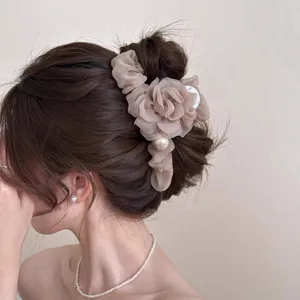 Eleganter Netzstoff Blume Haarkralle Clip Für Damen Koreanischer Stil Große Shark Jaw Clip Künstliche Perle Haarschmuck