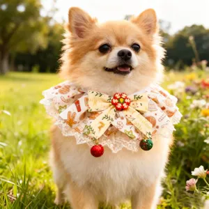 Cute Christmas pet bib with lace, bow and bells, perfect holiday costume for dogs cats.