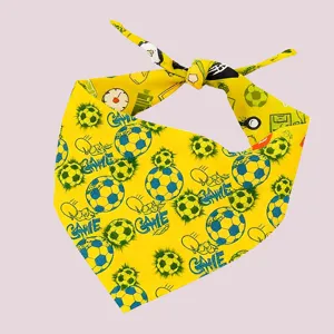 Bright yellow pet bandana featuring soccer ball and cute cartoon print, stylish dog scarf.