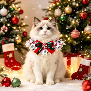 Bavoir de collier de chat de Noël festif avec nœud et dentelle, accessoire de vacances pour animaux.