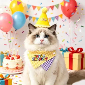 Cute pet birthday party set with crown hat and plaid bib for cats and dogs celebration decor.