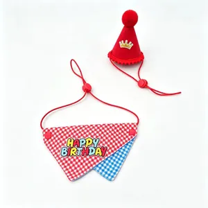 Cute pet birthday party hat and bandana set, red plaid bib with crown for dogs and cats.