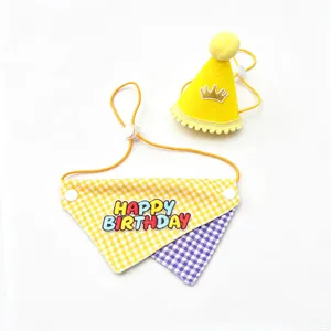 Cute pet birthday party set with a yellow crown hat and gingham bandana for dogs and cats.