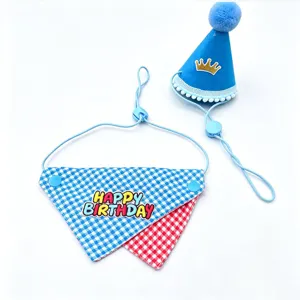 Pet birthday party costume set with cute blue party hat and plaid bandana for dogs and cats.