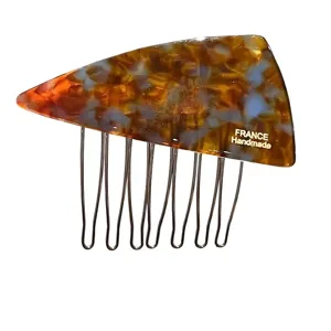 Blue brown acetate triangle hair comb clip for women styling, elegant side fringe and updo hairpin.