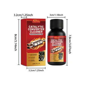 Catalytic converter cleaner bottle detail view showing precise dimensions and packaging design.