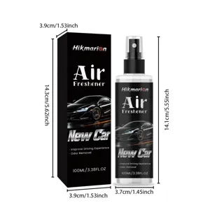 Deodorante auto Hikmarion flacone spray 100ml con scatola di imballaggio e dimensioni.