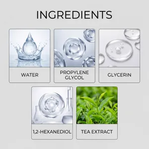 Dettaglio degli ingredienti naturali del deodorante con acqua, glicerina ed estratto di tè.