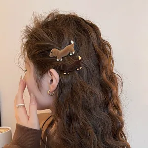 Velvet dachshund hair clips detail shot, brown cute puppy side clip for women bangs daily styling.