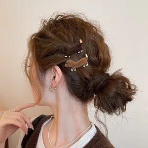 Charming velvet dachshund hair clips detail shot, cute puppy side hair pin for daily wear.