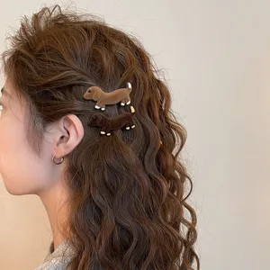 Velvet dachshund hair clips for women, cute animal side hairpins and bangs accessories.