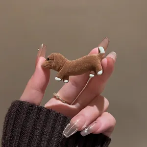 Velvet dachshund hair clip detail, brown cute puppy side hairpin for cute daily wear.