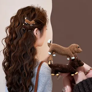 Funny Dachshund Dog Shape Satin Hair Clips Sweet Alligator Clip Side Barrette Headwear For Women Girls Cute Animal Hairpiece