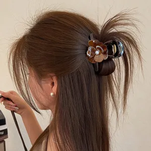 Molla per capelli a fiore marrone cioccolato con perla, grande clip elegante per capelli folti.